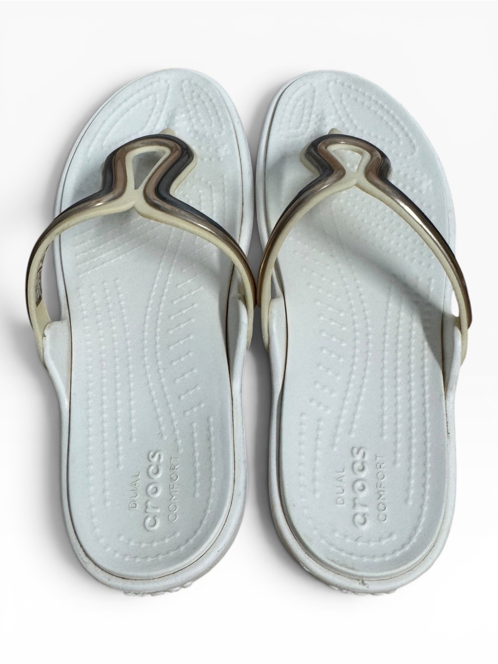 Crocs Sanrah Metal Block Flip Flops White Bronze Comfort Sandals Womens Size 7 - Picture 4 of 8